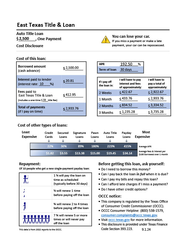 Auto Title Loan - $2,500 [Single Payment] 