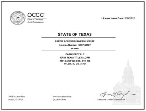 East Texas Title & Loan – CAB License